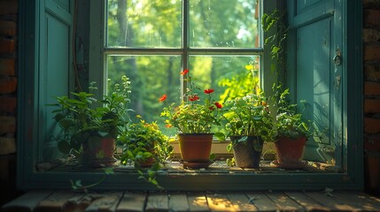 Sticker - Potted Plants on Windowsill with Green Shutters and Sunlight