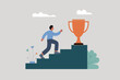 © Deivison - Man climbing steps with trophy on top, business concept, achievement and success.
