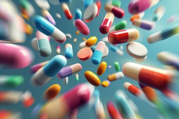 Close-up illustration of colorful pills, capsules flying in motion blur. Various antidepressants, painkillers, medications in different colors. Conceptual representation of pharmacy, medicine, health