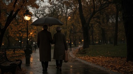 Sticker - A couple walks hand-in-hand under an umbrella in a rainy, autumn park.