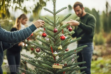 Wall Mural - People decorating outdoor Christmas tree with red ornaments