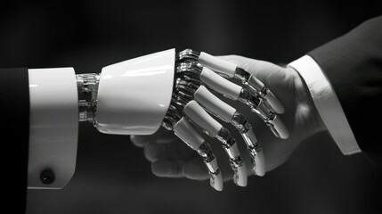 Poster - A Human Hand Shakes a Robotic Hand in a Symbol of Progress