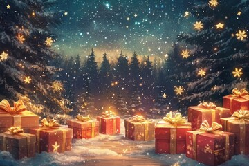 Poster - Background with a starry Christmas night sky christmas snowflakes atmosphere.