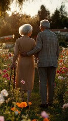 Canvas Print - An elderly couple walks hand-in-hand through a vibrant flower garden during sunset.