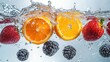 © Sunshine - Fresh Fruits Splashing in Water with Bubbles and Droplets Against a Light Background