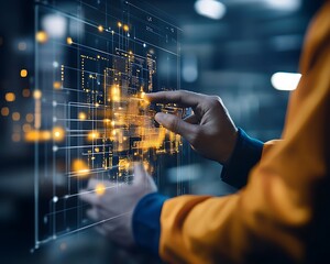 Poster - A close-up of a hand interacting with a futuristic digital interface, showcasing vibrant data visualizations and technological innovation in a modern workspace.
