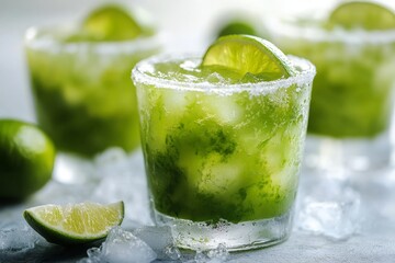 Refreshing Cold Cocktail with Lime and Crushed Ice, Three Green Cocktails On Cocktail Table