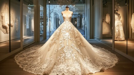 A beautifully detailed wedding dress with lace and embroidery, on display in a luxury boutique,