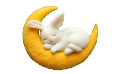 Canvas Print - cute little white rabbit is sleeping on a yellow crescent moon. The background is a blue starry sky