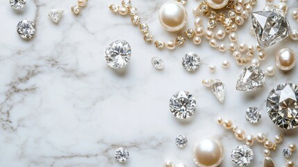 Poster - Elegant Arrangement of Diamonds and Pearls on Marble Surface