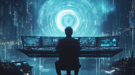 Leinwandbilder - A lone figure overlooking a futuristic cityscape from a control center.