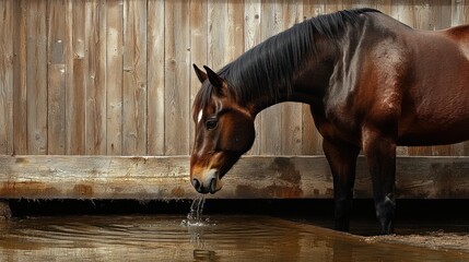 Poster - A horse drinking water near a wooden fence.