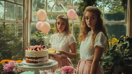 Canvas Print - Two young women at a decorated table with a cake and balloons in a garden setting.