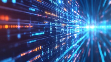 Poster - A vibrant digital landscape showcasing streams of data with glowing lines in blue and orange tones, suggesting high-speed information flow.