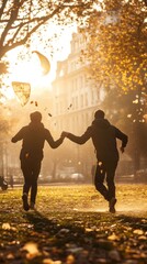 Sticker - A couple joyfully running hand in hand through a sunlit park filled with autumn leaves.