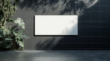 Poster - A minimalist setting featuring a blank white canvas on a sleek black wall, surrounded by lush greenery.