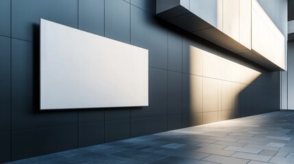 Poster - A minimalist interior showcasing a blank wall surrounded by geometric shapes, light reflections, and sleek surfaces emphasizing modern design.