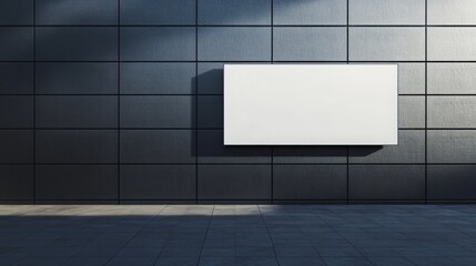 Poster - A minimalistic wall with a large, blank white panel against dark textured tiles, highlighting simplicity and modern design.