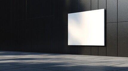 Poster - A blank white panel mounted on a dark textured wall, creating a minimalist and modern aesthetic in an urban setting.