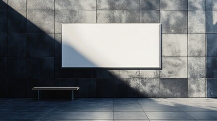 Poster - A minimalist setting featuring a blank canvas mounted on a textured wall with a shadowed area and a wooden bench in the foreground.