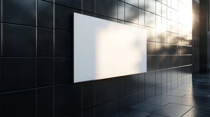 Poster - A blank white panel mounted against a glossy black tiled wall, with soft lighting reflecting off its surface.