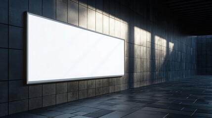 Poster - A modern, minimalist interior featuring a blank billboard against a textured wall, illuminated by soft light, creating a serene atmosphere.