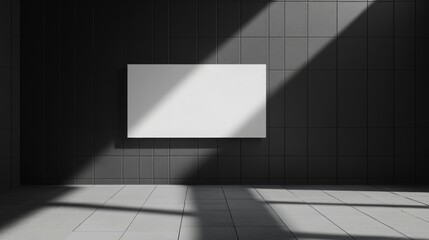 Aufkleber - A minimalistic room featuring a blank canvas on a dark wall, illuminated by natural light, creating a serene and artistic atmosphere.