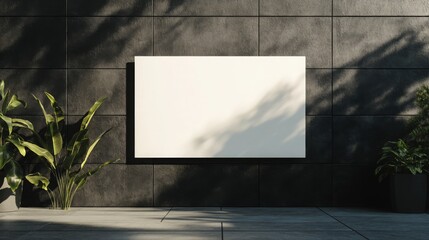 Poster - A minimalist wall scene featuring a blank canvas framed by plants, illuminated by natural light, creating a serene and modern aesthetic.