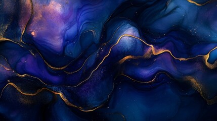 Poster - A mesmerizing abstract artwork featuring deep blues and purples with golden accents, showcasing fluid mixing and a cosmic feel.