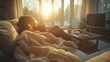 © milanchikov - nterior real de una sala de estar con una persona descansando en el sofá, envuelta en una manta. La luz del sol entra por las ventanas, creando una atmósfera cálida y relajada. La mesa de centro está
