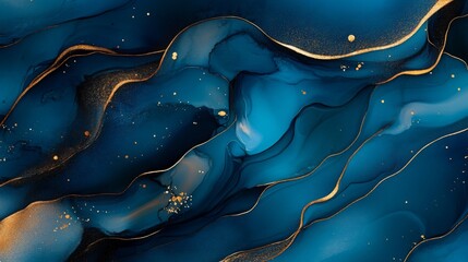 Poster - A flowing abstract design featuring deep blue hues, accented with golden lines and shimmering elements, creating a dynamic and elegant look.
