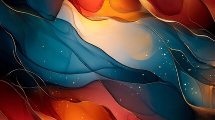 Poster - A vibrant abstract design featuring flowing waves of blue, orange, and gold, evoking a sense of movement and depth.