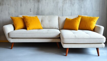 Wall Mural - Scandinavian Sofa with Yellow Cushions on Polished Concrete Floor, Modern Interior Design