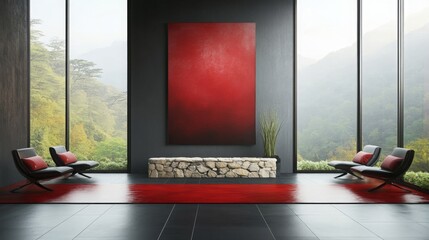 Poster - A modern, minimalist interior featuring a large red artwork, sleek furniture, and abundant natural light from large windows overlooking greenery.