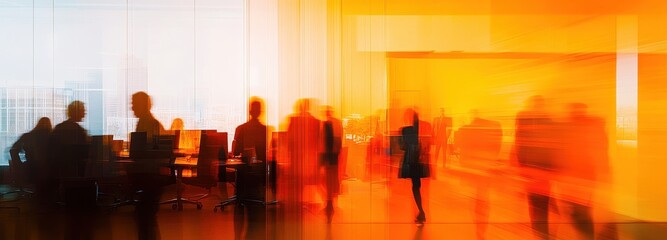 Business team in an office meeting, with blurred figures of people working together on digital marketing and business development, captured through the glass window.