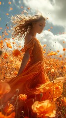 Poster - Woman in Orange Dress in a Field of Poppies