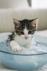 Poster - A playful kitten splashes in a bowl of water, capturing a moment of curiosity and fun.