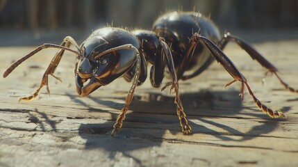 Poster - Detailed Close-Up of a Realistic Ant on Wood Surface