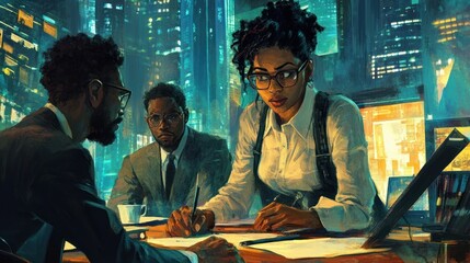 Poster - Three Businesspeople Working Together in a Modern Office Setting
