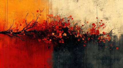 Poster - Abstract artwork featuring a vibrant branch with red leaves.