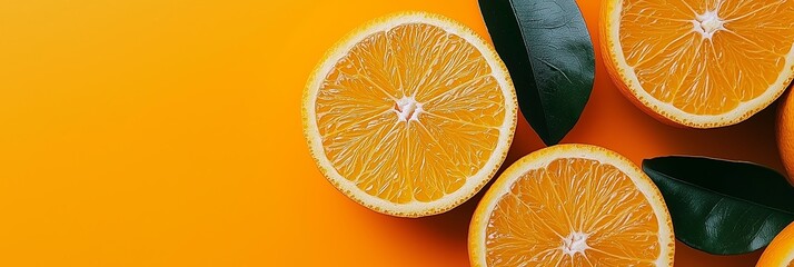 Poster - Fresh and juicy orange halves displayed with vibrant green leaves on a bright orange background, exuding vitality.