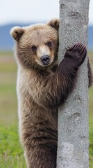 Canvas Print - A brown bear hugging a tree in a natural setting.