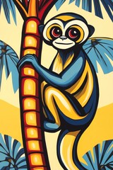 Poster - A colorful illustration of a monkey climbing a palm tree, set against a bright background.