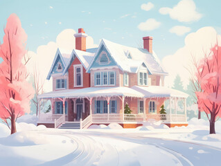 Vintage House in Winter Wonderland Scene