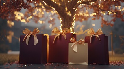 Wall Mural - Gift bags decorated in a very rich burgundy color. tied with gold ribbons under a shimmering tree. Hyperrealistic photo 4K.