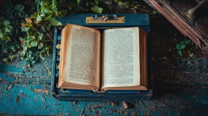 Poster - Open Book with Old Text Resting on a Blue Wooden Surface