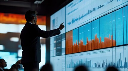 Poster - A businessman presents data on a large screen during a corporate meeting.
