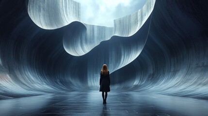 Poster - A figure stands before a surreal, wave-like landscape.