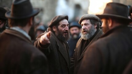 a group of men in period attire engage in animated conversation, surrounded by an atmospheric histor