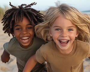 Joyful Kids Playing Leapfrog on the Beach, Summer Fun, Child's Play, Energy and Laughter on the Shoreline